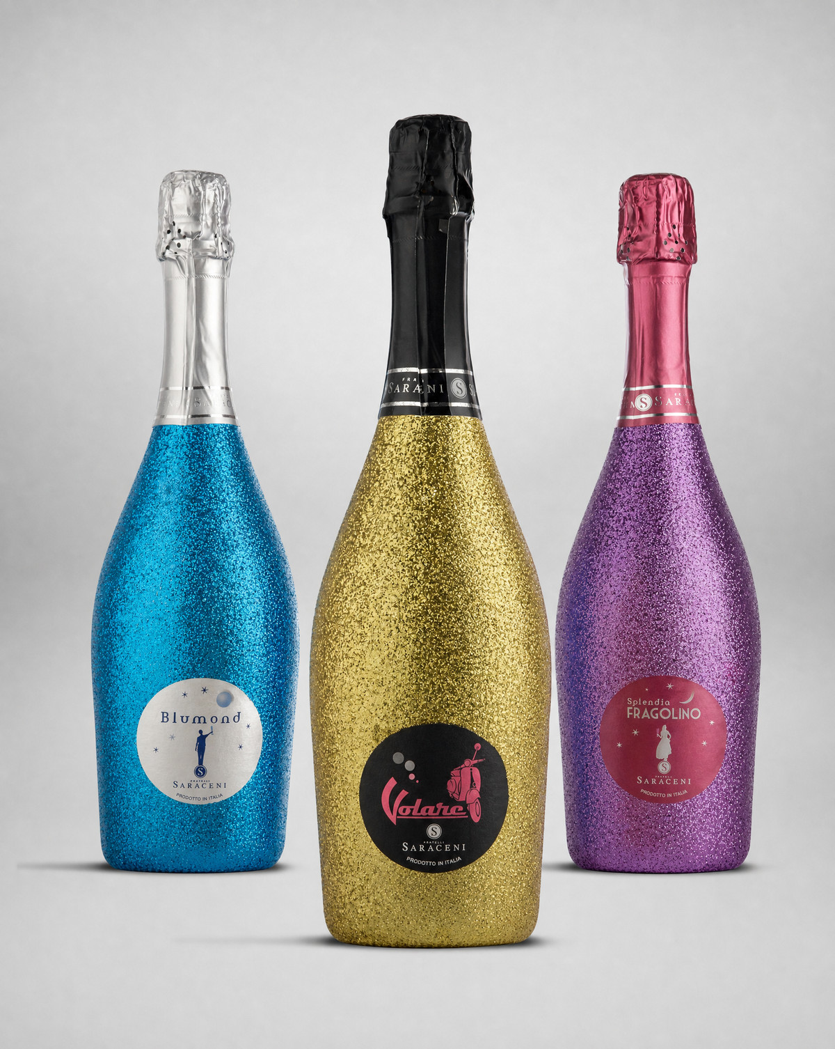 Diamond Dust — sparkling sweet wine trio with glitter, 3 x 750ml bottles, Saraceni Wines (product group shot)