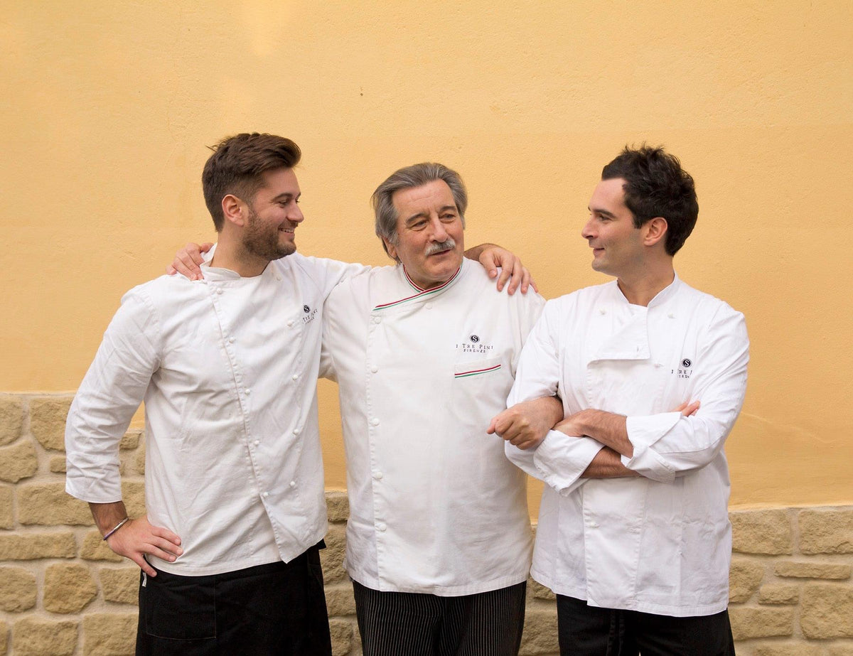 Lorenzo and Matteo Saraceni with their father Libero outside Ristorante I Tre Pini in Florence.