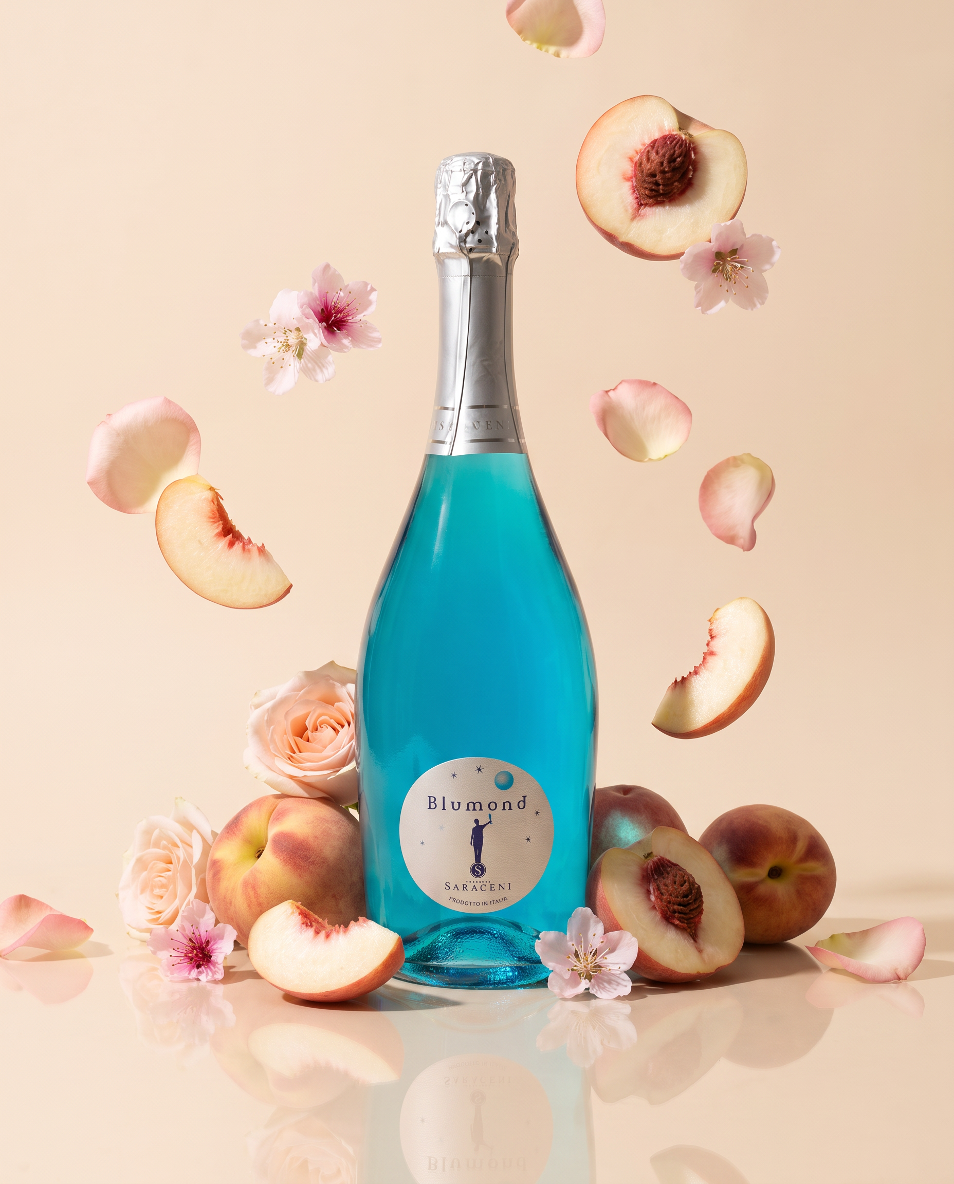 Blumond Blue Bubbly — bright blue Italian sparkling sweet wine, 750ml, Saraceni Wines (tasting notes visual)
