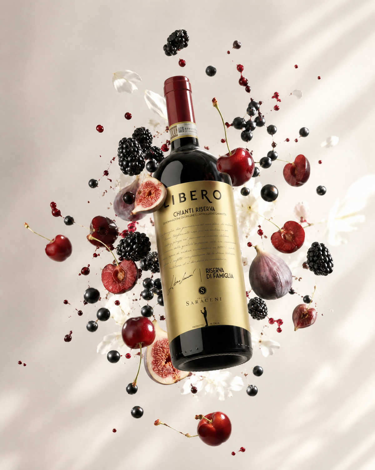 Libero Riserva di Famiglia — ruby red dry Chianti reserve red wine, 750ml, Saraceni Wines (tasting notes visual)