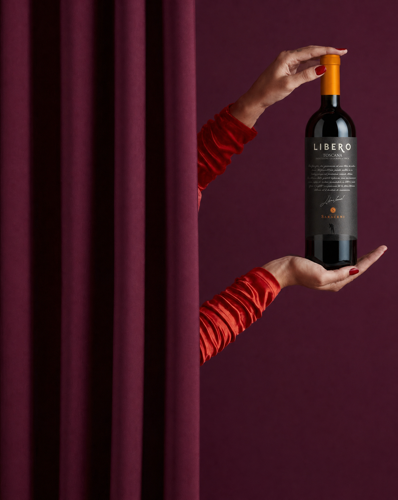 Libero Super Tuscan — intense ruby red dry Super Tuscan red wine, 750ml, Saraceni Wines (lifestyle image)