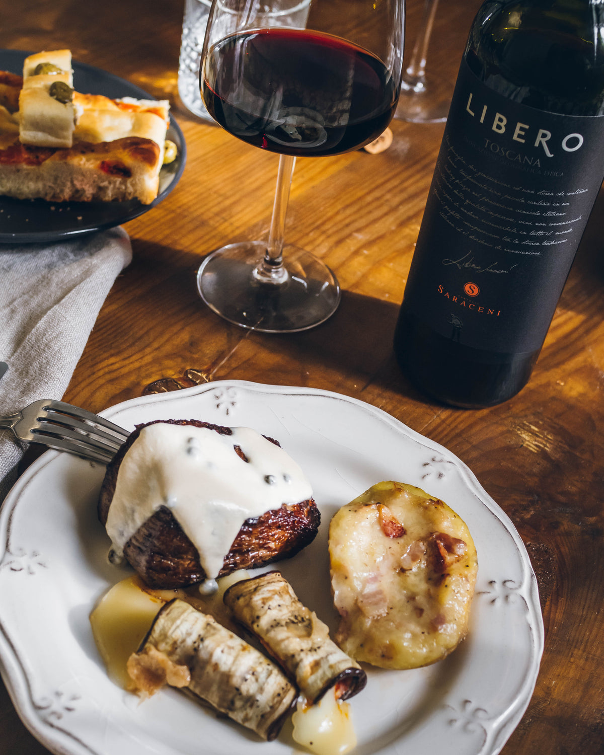 Libero Super Tuscan — intense ruby red dry Super Tuscan red wine, 750ml, Saraceni Wines (tasting visual)
