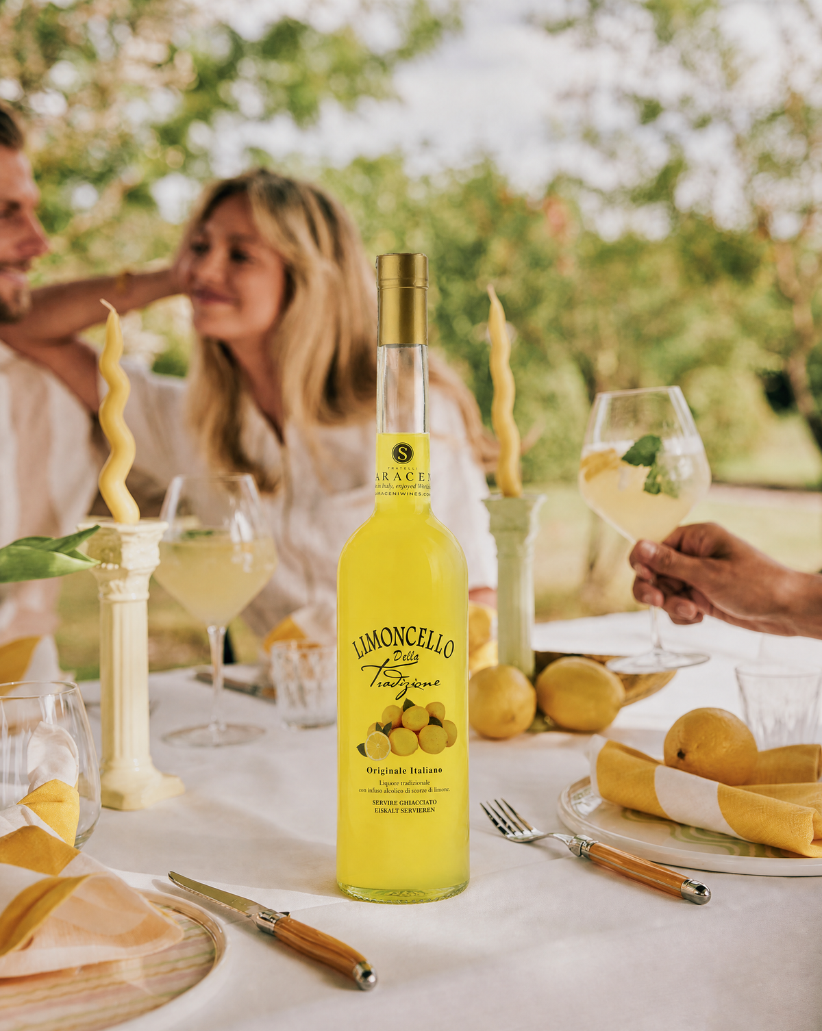 Limoncello d'Autore — bright yellow sweet Italian limoncello liqueur, 500ml, Saraceni Wines (lifestyle image)