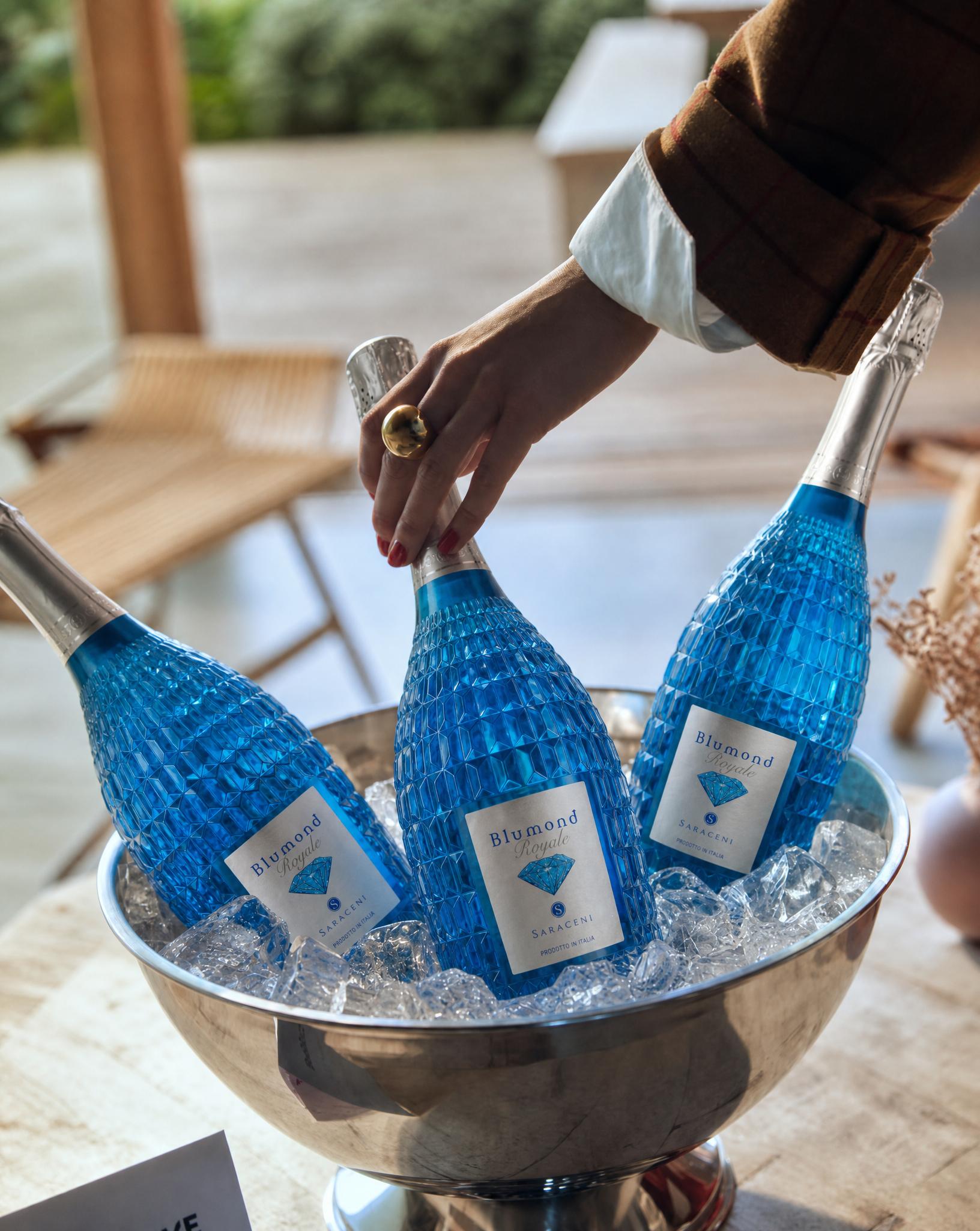 Blumond Royale — bright blue sparkling sweet wine, 750ml, Saraceni Wines (lifestyle image)