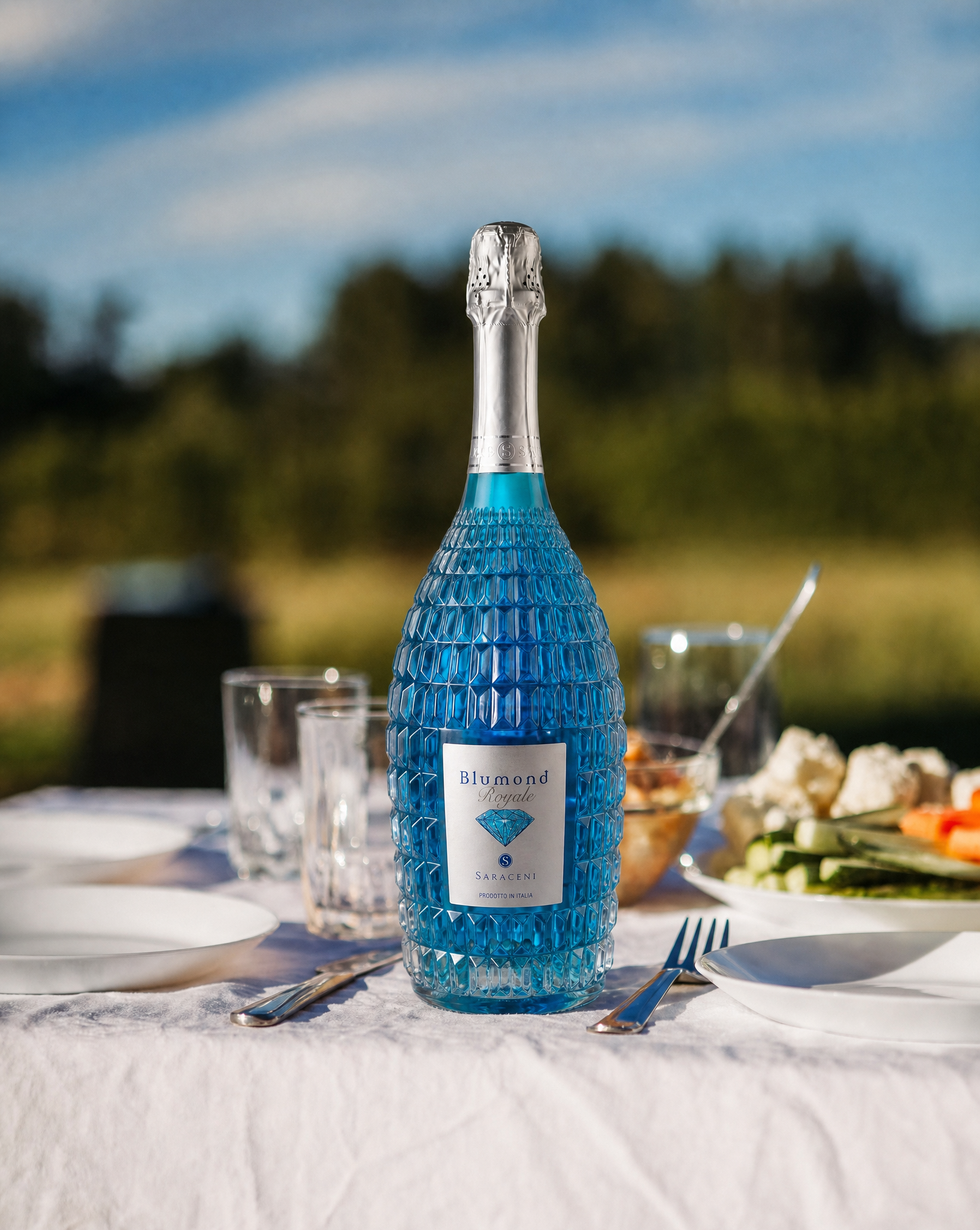 Blumond Royale — bright blue sparkling sweet wine, 750ml, Saraceni Wines (lifestyle image)