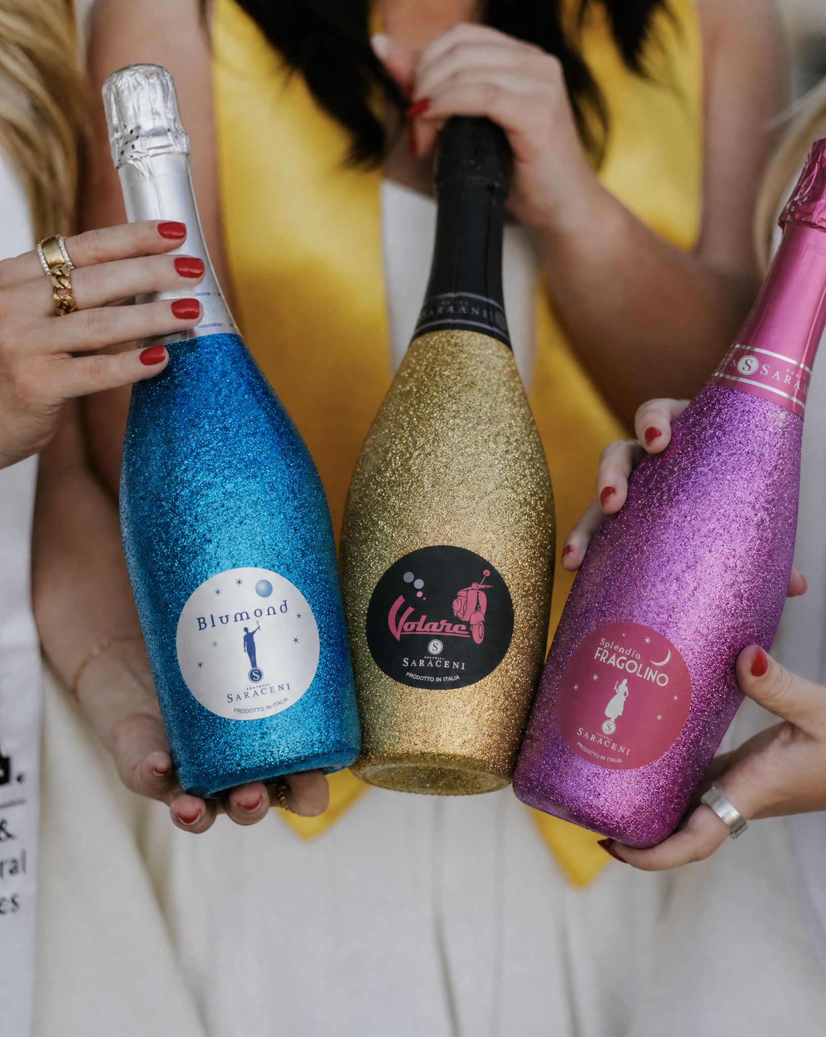 Diamond Dust — sparkling sweet wine trio with glitter, 3 x 750ml bottles, Saraceni Wines (lifestyle image)