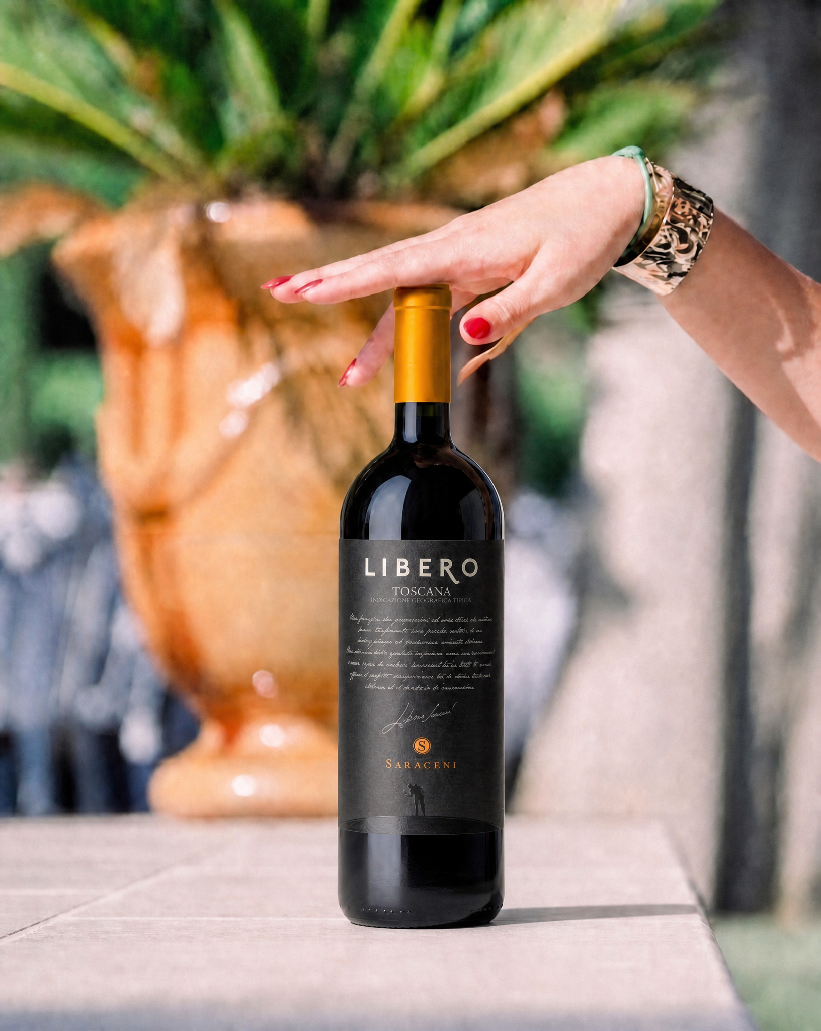 Libero Super Tuscan — intense ruby red dry Super Tuscan red wine, 750ml, Saraceni Wines (lifestyle image)