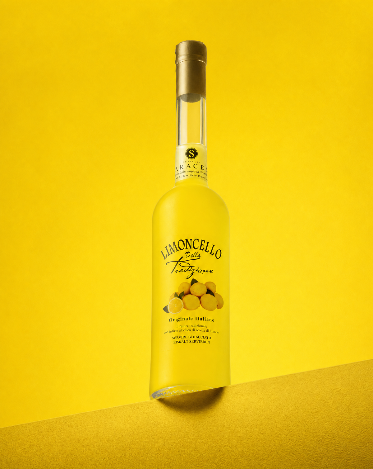 Limoncello d'Autore — bright yellow sweet Italian limoncello liqueur, 500ml, Saraceni Wines (editorial shot)